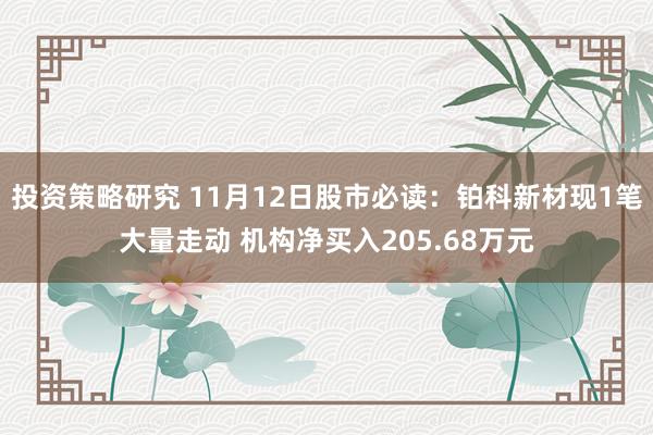 投资策略研究 11月12日股市必读：铂科新材现1笔大量走动 机构净买入205.68万元